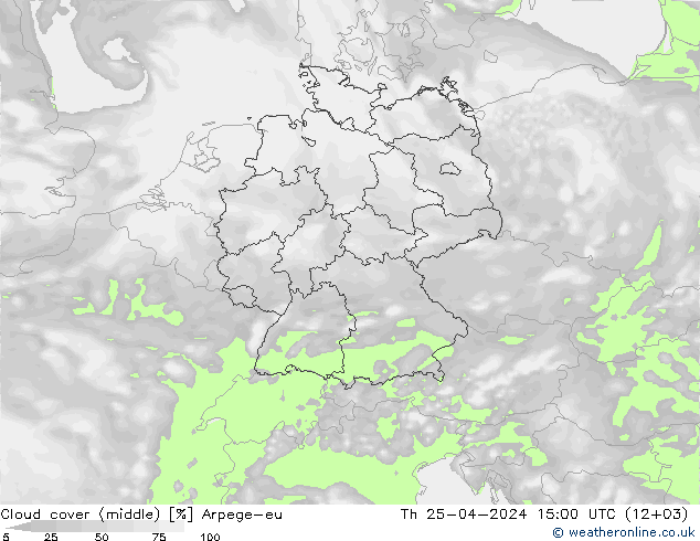 Cloud cover (middle) Arpege-eu Th 25.04.2024 15 UTC
