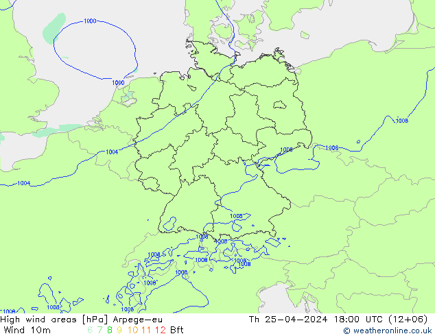 High wind areas Arpege-eu gio 25.04.2024 18 UTC