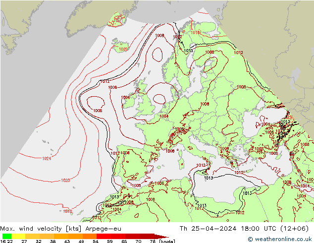 Max. wind velocity Arpege-eu Th 25.04.2024 18 UTC