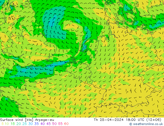 Surface wind Arpege-eu Čt 25.04.2024 18 UTC