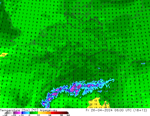 Sıcaklık Haritası (2m) Arpege-eu Cu 26.04.2024 06 UTC