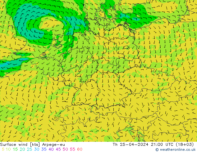Surface wind Arpege-eu Th 25.04.2024 21 UTC