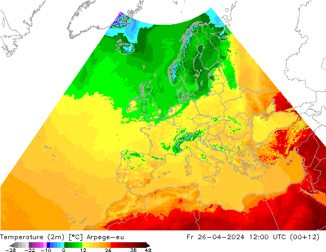 température (2m) Arpege-eu ven 26.04.2024 12 UTC