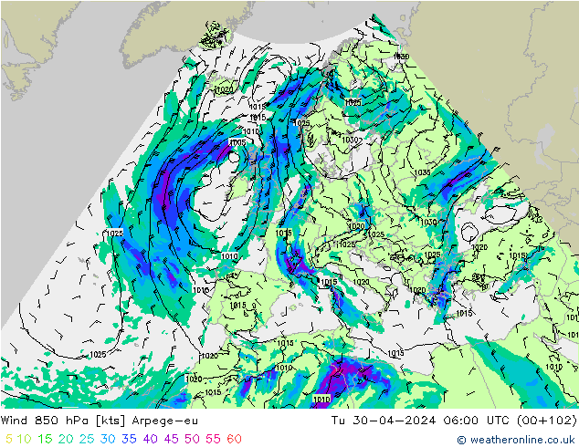 Wind 850 hPa Arpege-eu Tu 30.04.2024 06 UTC
