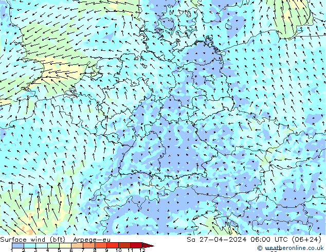 Surface wind (bft) Arpege-eu Sa 27.04.2024 06 UTC