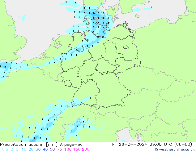 Precipitation accum. Arpege-eu Fr 26.04.2024 09 UTC