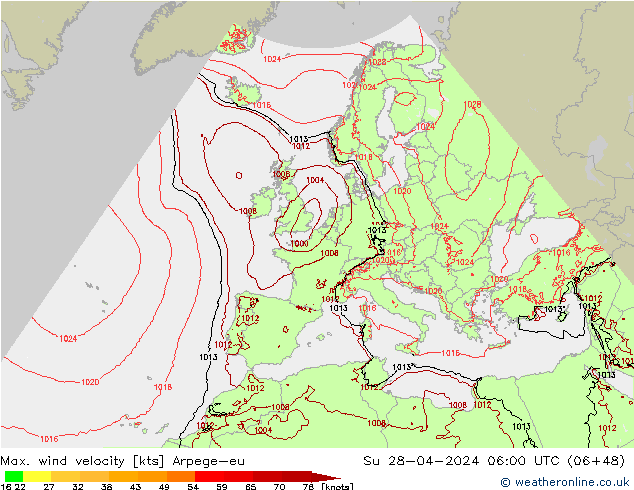 Max. wind velocity Arpege-eu Su 28.04.2024 06 UTC