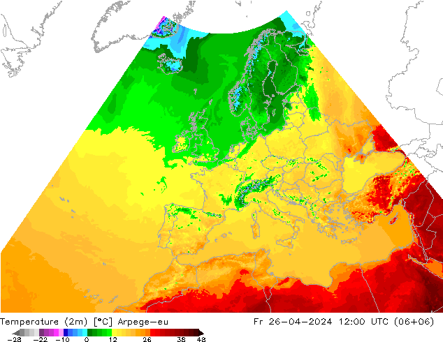 Temperatura (2m) Arpege-eu ven 26.04.2024 12 UTC