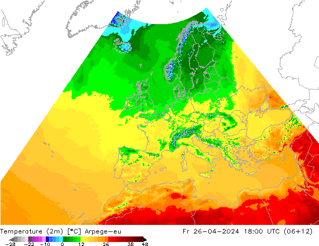 Temperatuurkaart (2m) Arpege-eu vr 26.04.2024 18 UTC