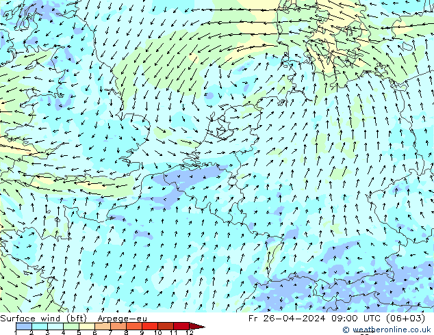 Surface wind (bft) Arpege-eu Fr 26.04.2024 09 UTC