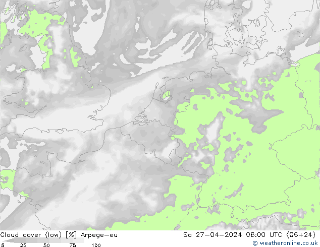 Cloud cover (low) Arpege-eu Sa 27.04.2024 06 UTC