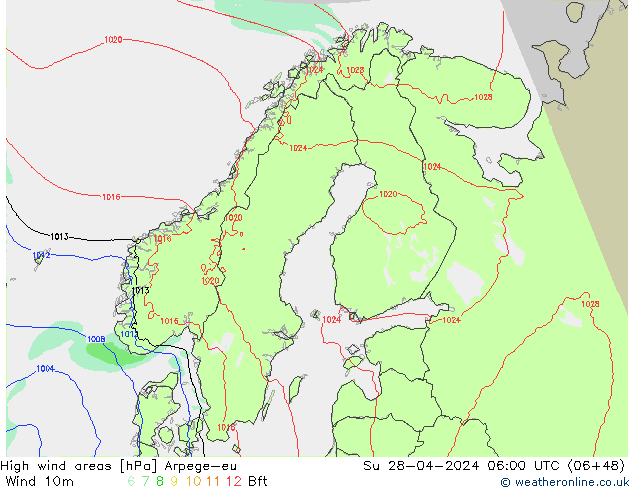 High wind areas Arpege-eu dim 28.04.2024 06 UTC