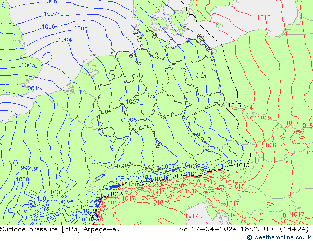 Pressione al suolo Arpege-eu sab 27.04.2024 18 UTC