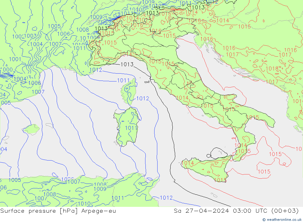 Pressione al suolo Arpege-eu sab 27.04.2024 03 UTC
