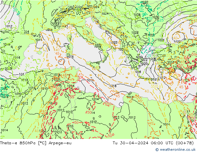 Theta-e 850hPa Arpege-eu  30.04.2024 06 UTC