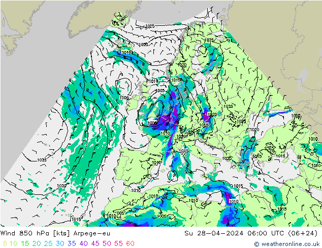 Wind 850 hPa Arpege-eu Su 28.04.2024 06 UTC