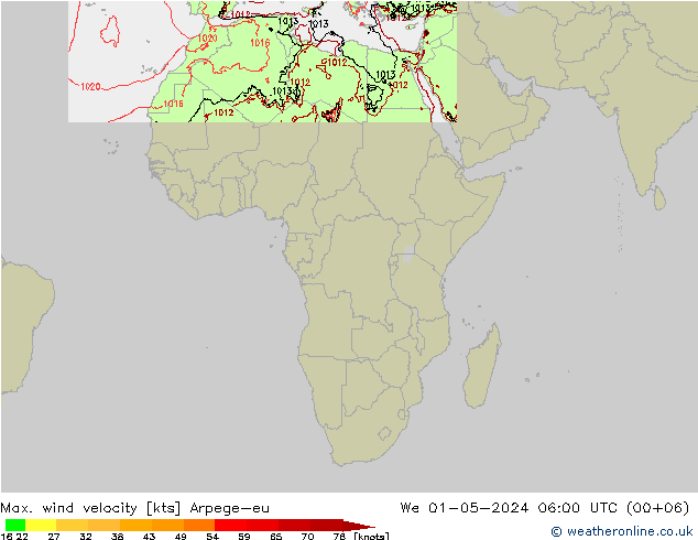 Max. wind velocity Arpege-eu mer 01.05.2024 06 UTC