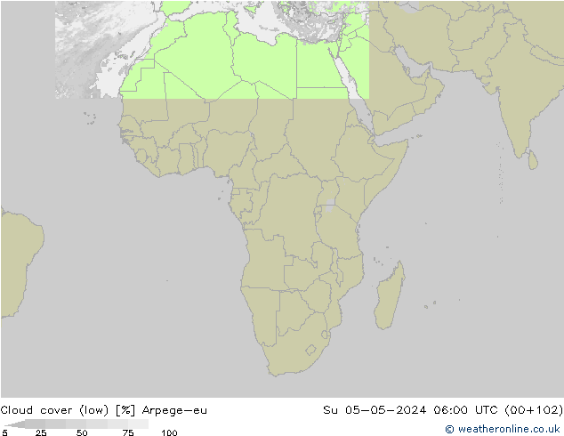 Cloud cover (low) Arpege-eu Su 05.05.2024 06 UTC