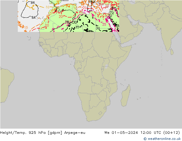 Yükseklik/Sıc. 925 hPa Arpege-eu Çar 01.05.2024 12 UTC
