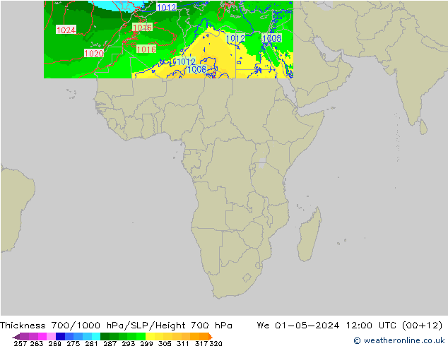 Schichtdicke 700-1000 hPa Arpege-eu Mi 01.05.2024 12 UTC