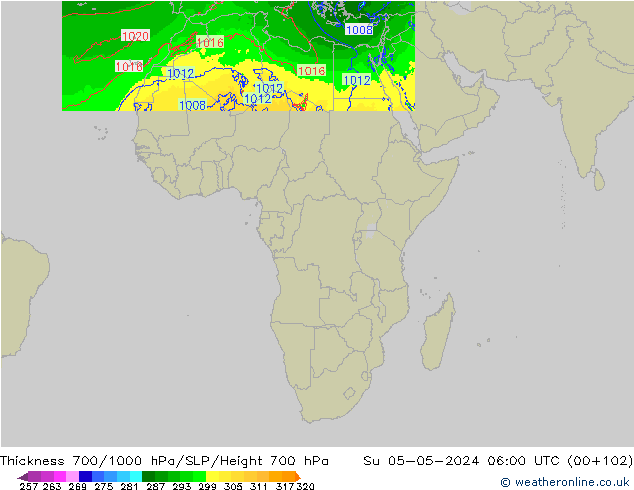 Thck 700-1000 hPa Arpege-eu Dom 05.05.2024 06 UTC