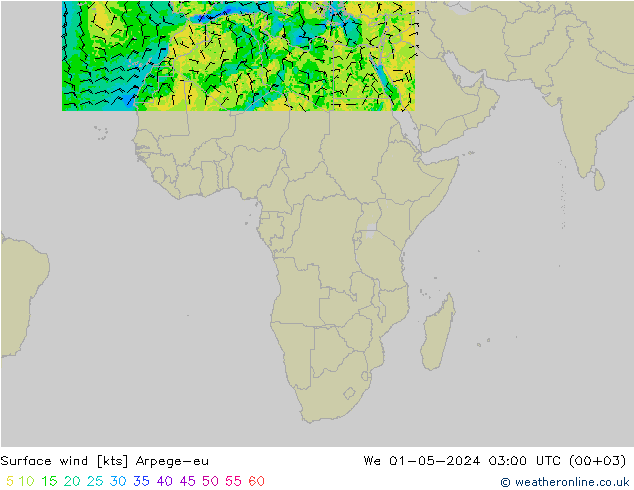 Vento 10 m Arpege-eu mer 01.05.2024 03 UTC