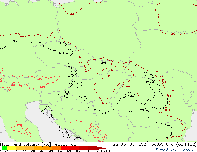 Max. wind velocity Arpege-eu dom 05.05.2024 06 UTC