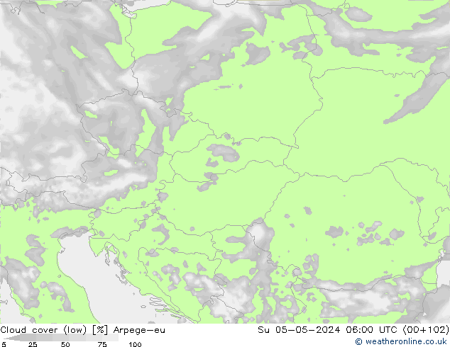 Cloud cover (low) Arpege-eu Su 05.05.2024 06 UTC