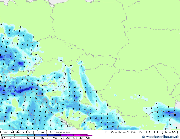 Precipitación (6h) Arpege-eu jue 02.05.2024 18 UTC