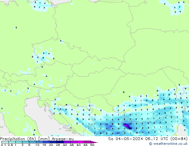 Precipitazione (6h) Arpege-eu sab 04.05.2024 12 UTC
