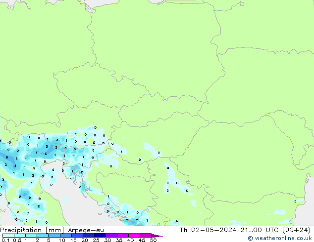 Srážky Arpege-eu Čt 02.05.2024 00 UTC