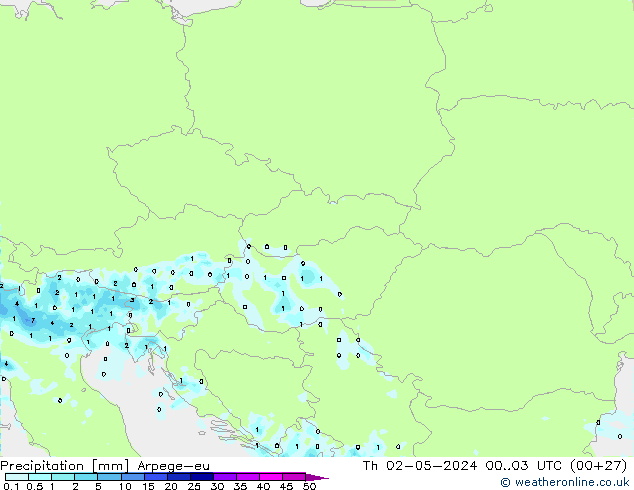 Precipitazione Arpege-eu gio 02.05.2024 03 UTC