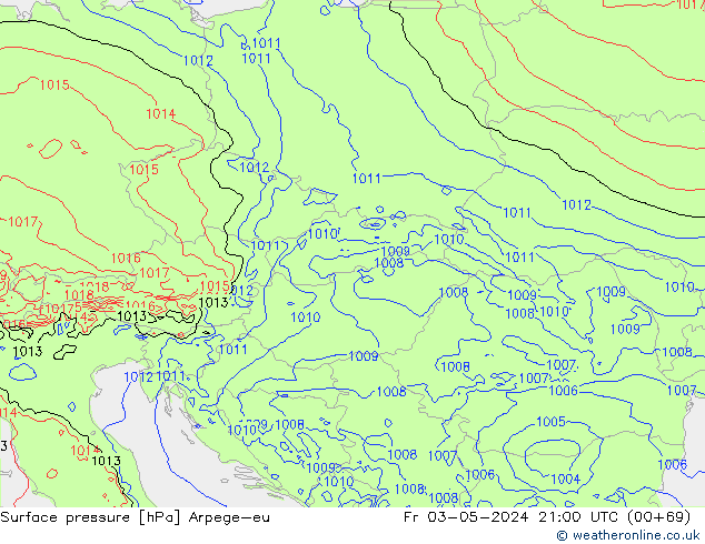 Atmosférický tlak Arpege-eu Pá 03.05.2024 21 UTC