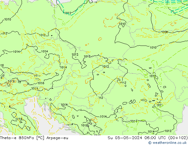 Theta-e 850hPa Arpege-eu zo 05.05.2024 06 UTC