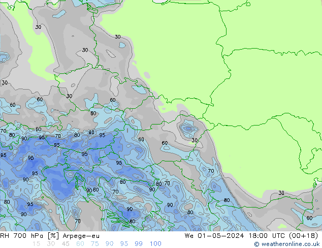 RH 700 hPa Arpege-eu We 01.05.2024 18 UTC