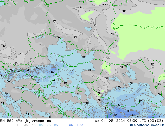 RH 850 гПа Arpege-eu ср 01.05.2024 03 UTC