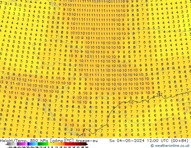 Geop./Temp. 850 hPa Arpege-eu sáb 04.05.2024 12 UTC