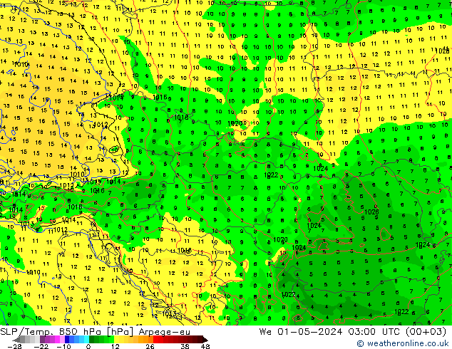 SLP/Temp. 850 гПа Arpege-eu ср 01.05.2024 03 UTC