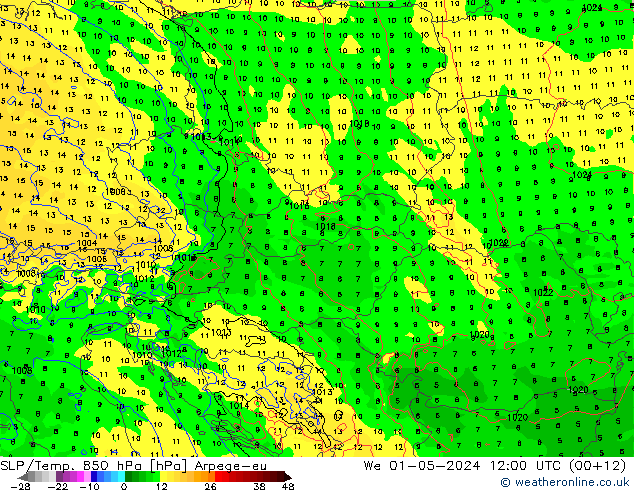 SLP/Temp. 850 hPa Arpege-eu We 01.05.2024 12 UTC