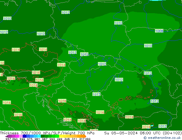 Thck 700-1000 hPa Arpege-eu Su 05.05.2024 06 UTC