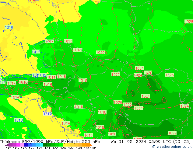 Thck 850-1000 гПа Arpege-eu ср 01.05.2024 03 UTC