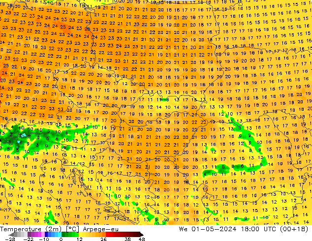 Temperatura (2m) Arpege-eu Qua 01.05.2024 18 UTC