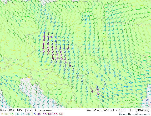 Vento 850 hPa Arpege-eu Qua 01.05.2024 03 UTC