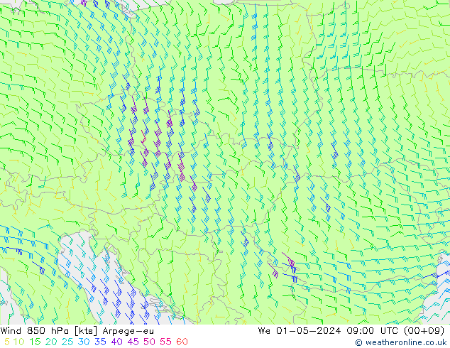 Wind 850 hPa Arpege-eu We 01.05.2024 09 UTC