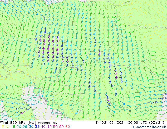 Wind 850 hPa Arpege-eu do 02.05.2024 00 UTC