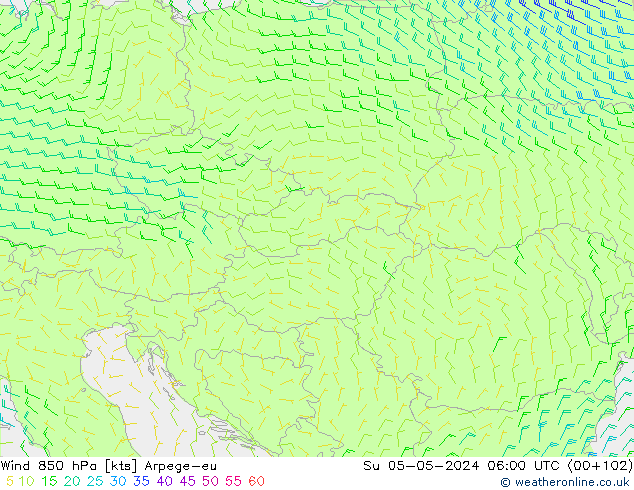 Wind 850 hPa Arpege-eu Su 05.05.2024 06 UTC