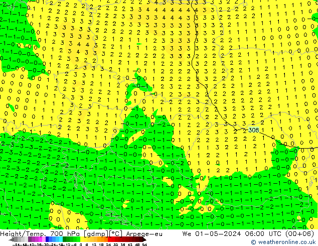 Height/Temp. 700 hPa Arpege-eu We 01.05.2024 06 UTC