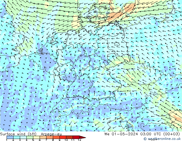 Surface wind (bft) Arpege-eu We 01.05.2024 03 UTC