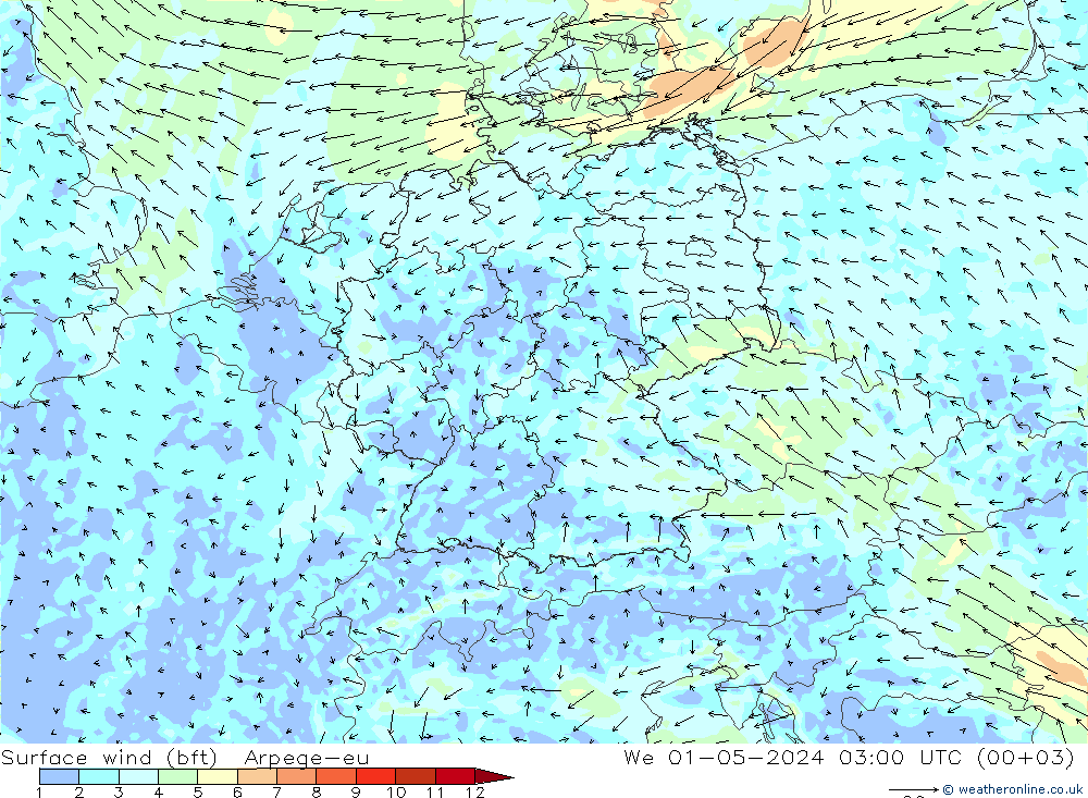 Viento 10 m (bft) Arpege-eu mié 01.05.2024 03 UTC