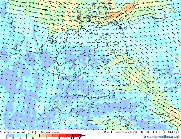 Surface wind (bft) Arpege-eu We 01.05.2024 06 UTC